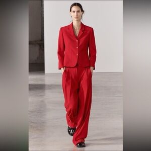 Zara Red Suit Pants Trousers Straight Wide-Leg Relaxed Tab Waist Bloggers S/4/6
